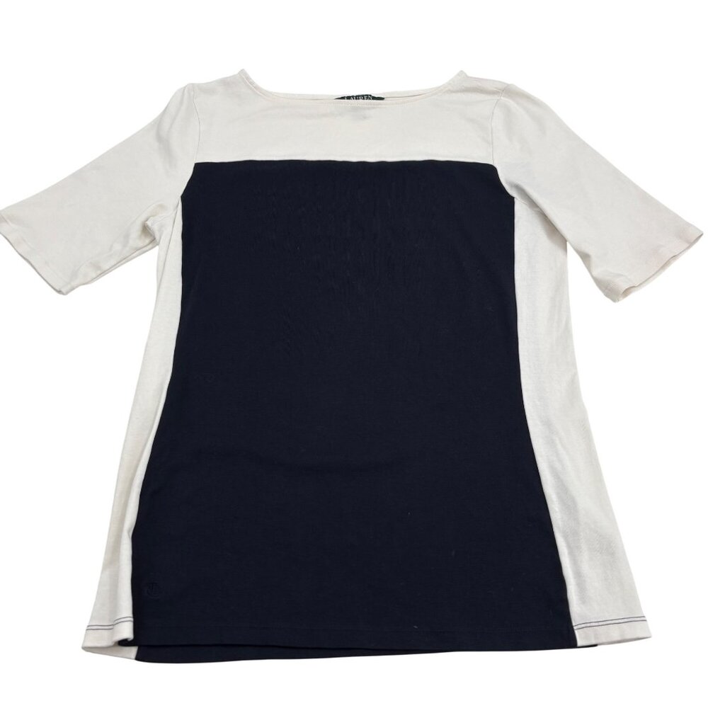 Ralph Lauren Women's Colorblock Short Sleeve knit Blouse‎ Size Large Black White